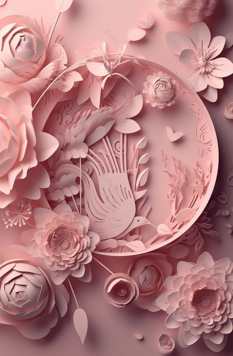 花朵花苞蝴蝶鸟剪纸风场景,插画/手绘图,插画/手绘图库,插画/手绘图下载,插画/手绘